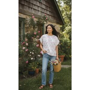 Vtg Handmade Floral Blouse Top Shirt Sz M L White Pink Sweet Cottage Twee Retro